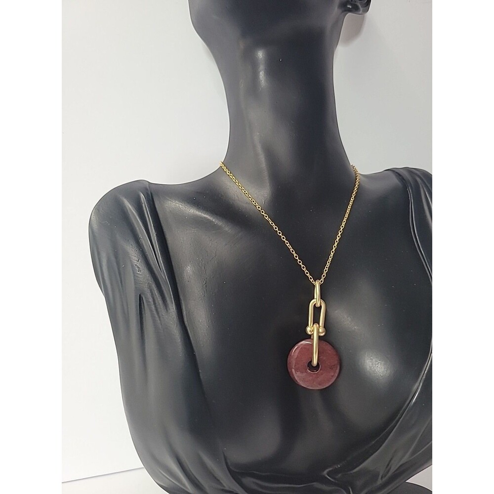 Gold Tone Pink Stone Donut Pendant Necklace Circle Pi Disc Minimalist Modern - Picture 4 of 11